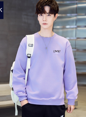 TEEK秋季纯棉卫衣帅气趣味印花 多巴胺香芋浅紫色长袖T恤潮流男装