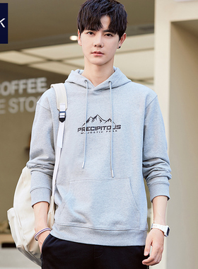 TEEK灰色连帽卫衣男秋季新款青少年帅气潮牌潮流春秋款春秋带帽衫