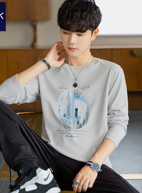 TEEK浅灰色长袖t恤男青少年2025秋季新款打底衫外穿秋衣男款体恤