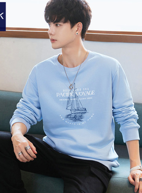 浅蓝色卫衣男士2025秋季 新款帅气加绒长袖t恤青少年感潮流大学生