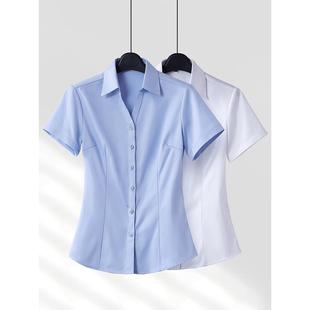 工作服套装 蓝色衬衣 工装 夏季 2024新款 女高级感短袖 半袖 职业白衬衫