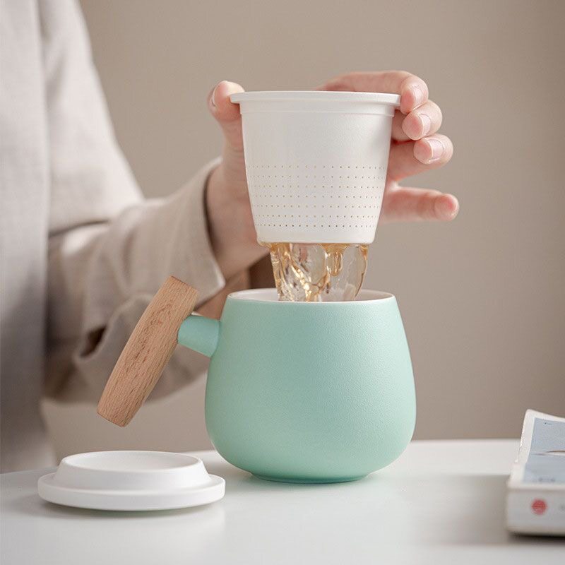 陶瓷茶水分离可爱办公杯日式木柄马克杯带盖喝茶杯萌水杯情侣杯子