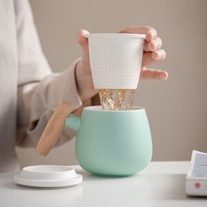 陶瓷茶水分离可爱办公杯日式木柄马克杯带盖喝茶杯萌水杯情侣杯子