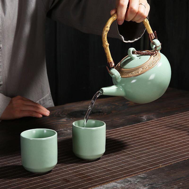 汝窑茶壶泡茶器单壶汝瓷冰裂纹开片过滤复古陶瓷功夫茶具一壶二杯