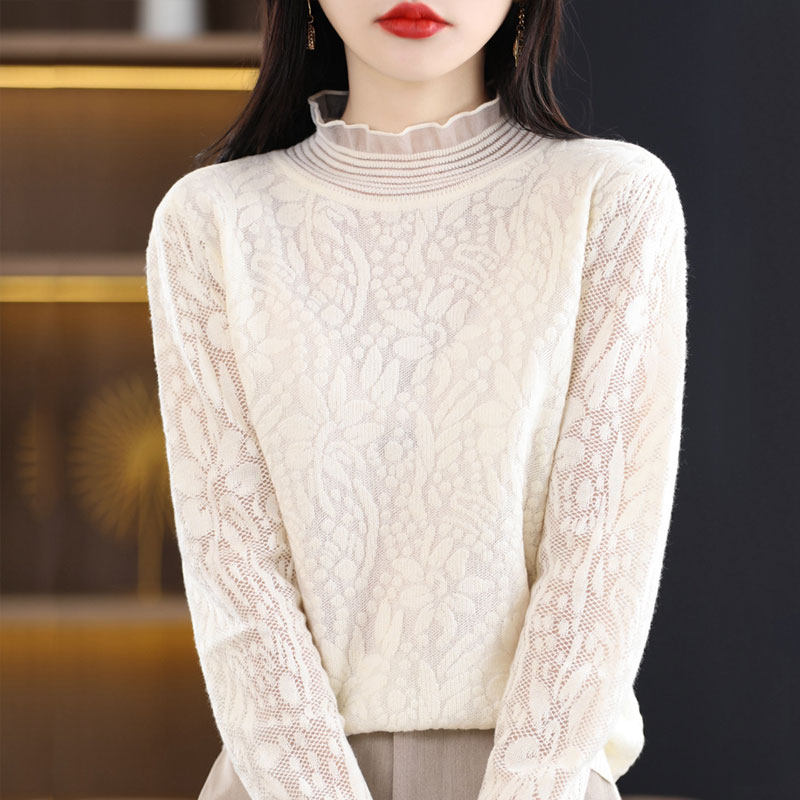 通勤风半高领蕾丝网纱针织衫女