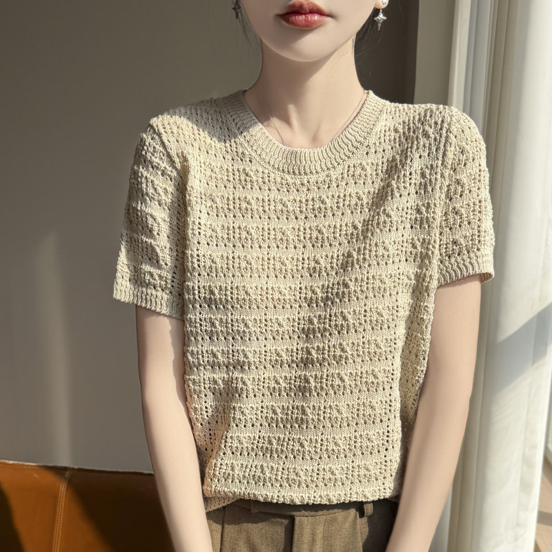 温柔风莱赛尔圆领亚麻镂空针织衫女短袖薄款宽松显瘦套头毛衣上衣