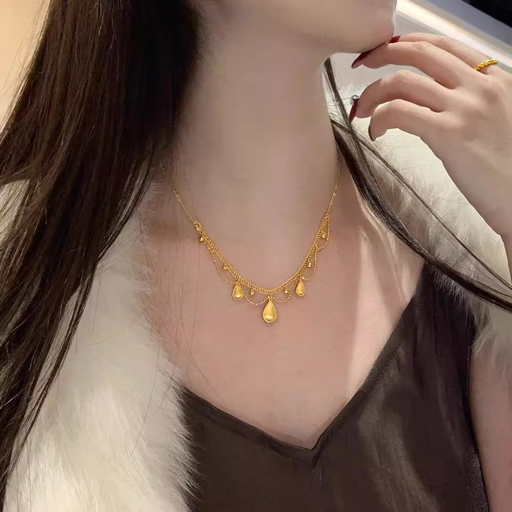 流金岁月蕾丝水滴黄金色项链
