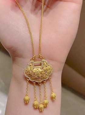 新款沙金古法满钻平安锁吊坠项链