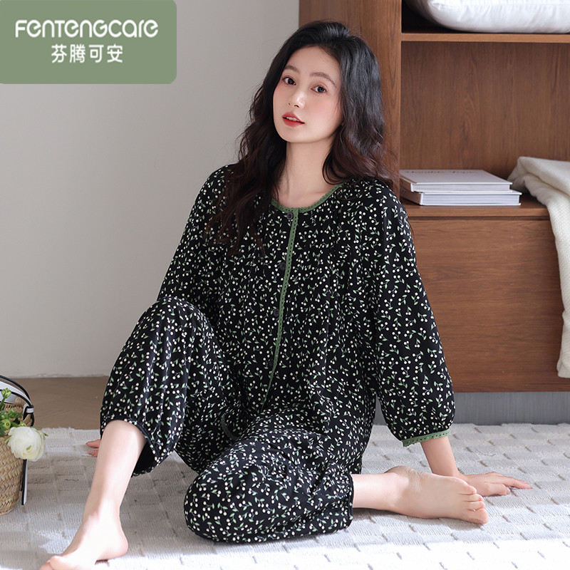 芬腾可安女棉拉架七分袖长裤睡衣