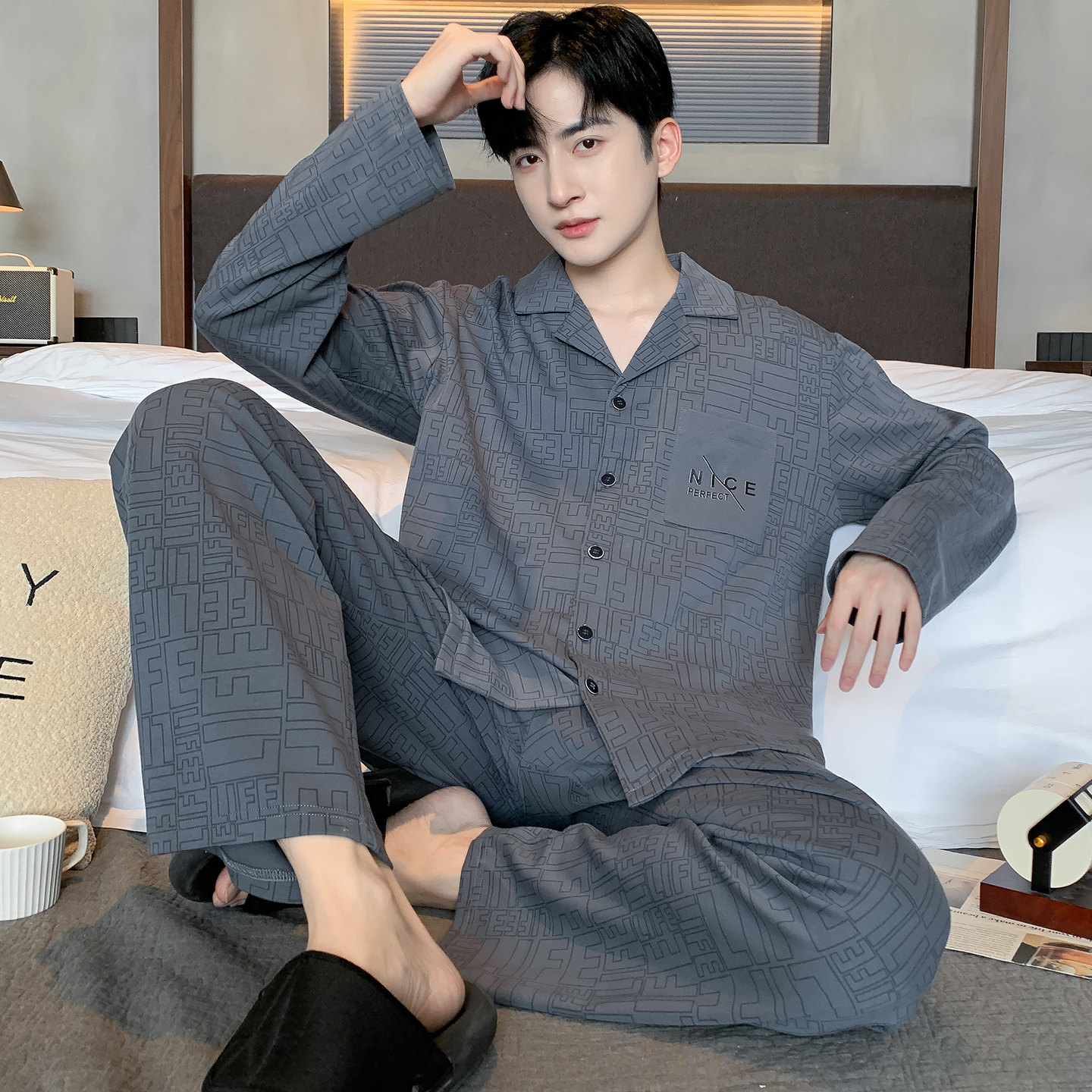 芬腾可安男士纯棉睡衣春秋季长袖开衫男款全棉可外穿青少年家居服,女士内衣/男士内衣/家居服,睡衣/家居服套装,淘宝优惠券,粉丝福利购,淘宝优惠卷