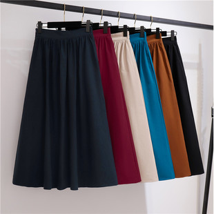 春夏新款 半身裙 显瘦A字大摆中长半身伞裙带口袋松紧腰百褶中长款