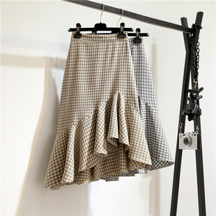 格子半身裙中长款 女夏复古高腰包臀荷叶边不规则鱼尾裙子 2022新款