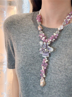 天然巴洛克珍珠紫色毛衣链轻奢女