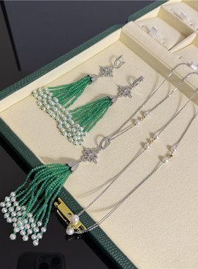 绿玛瑙珍珠毛衣链女绿色首饰轻奢