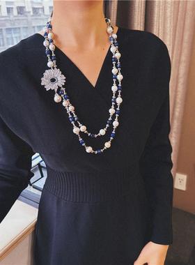 蓝色首饰青金石高贵毛衣链女珍珠