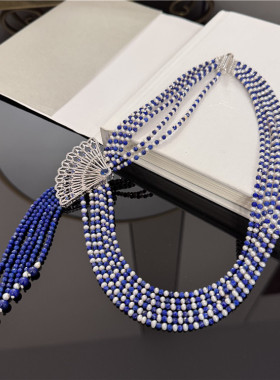 天然珍珠镶嵌青金石多层毛衣链女