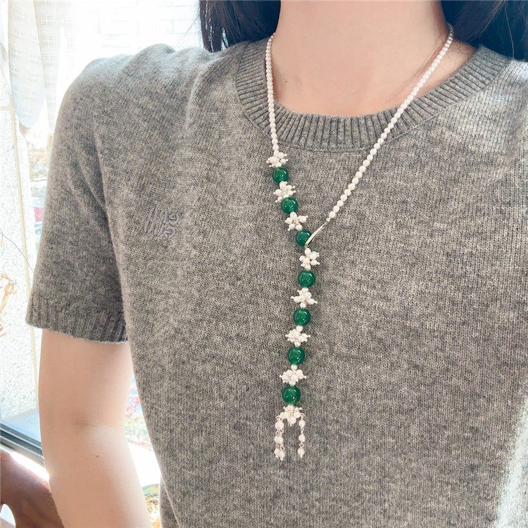 设计师款淡水珍珠绿玉髓毛衣链女