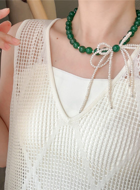 天然绿玉髓淡水珍珠项链蝴蝶结女