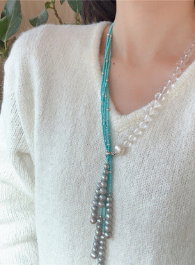 灰珍珠长款可调复古毛衣链首饰女