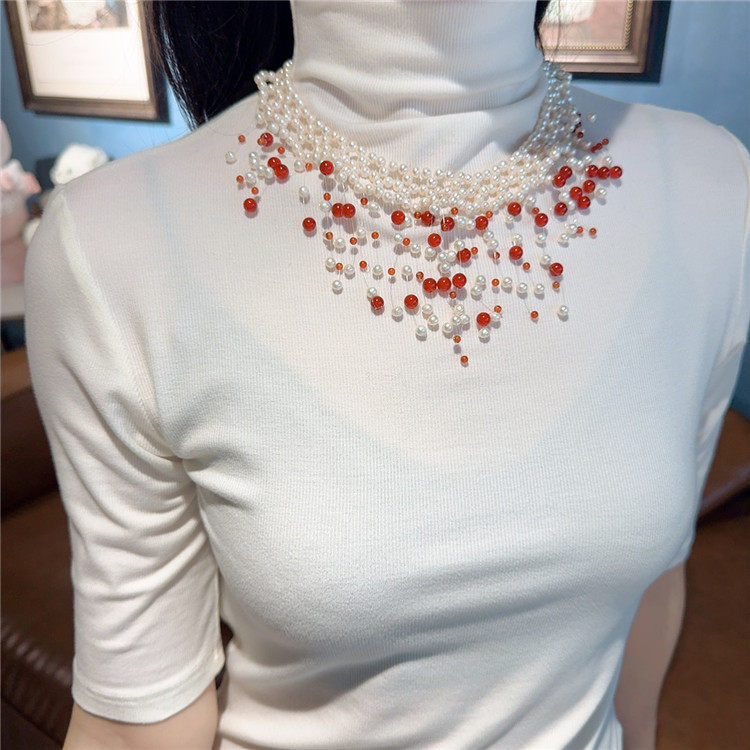 华丽风天然淡水珍珠项链手工编织红玛瑙流苏锁骨链颈饰气质奢华女