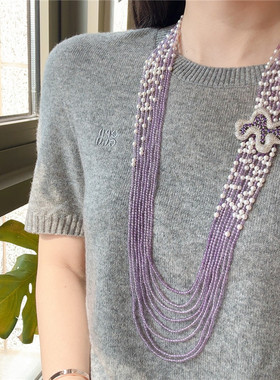 天然紫晶石小珍珠多层长款毛衣链