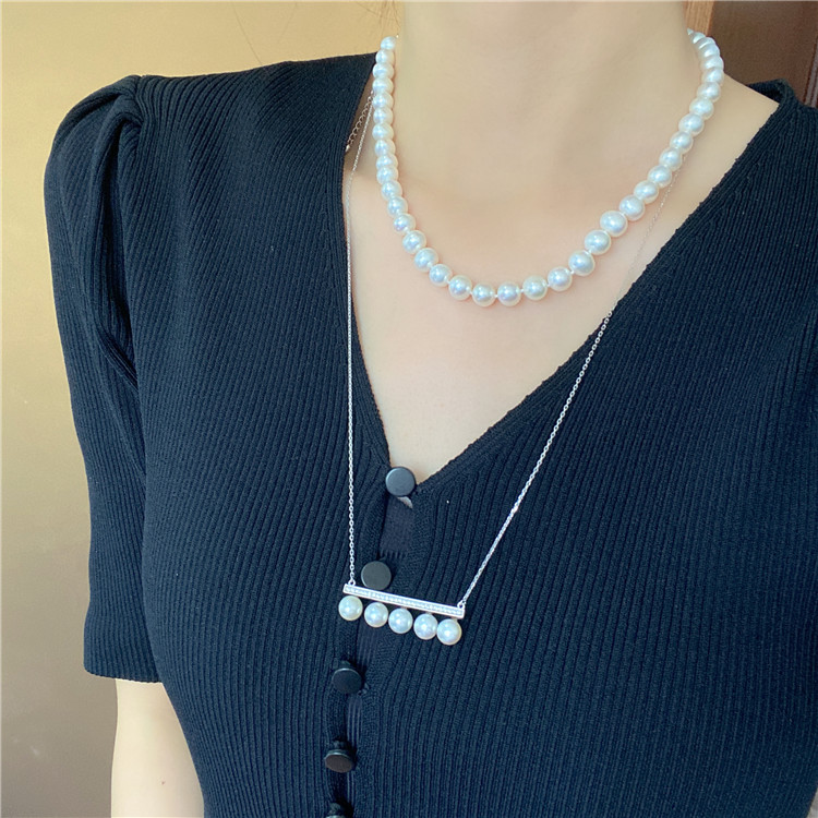 925纯银平衡木珍珠项链多颗排珠吊坠长款毛衣链日韩时尚百搭坠子