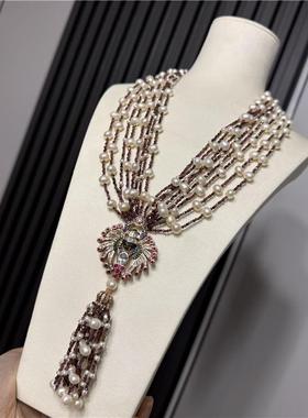 珍珠多层流苏毛衣链石榴石高贵女