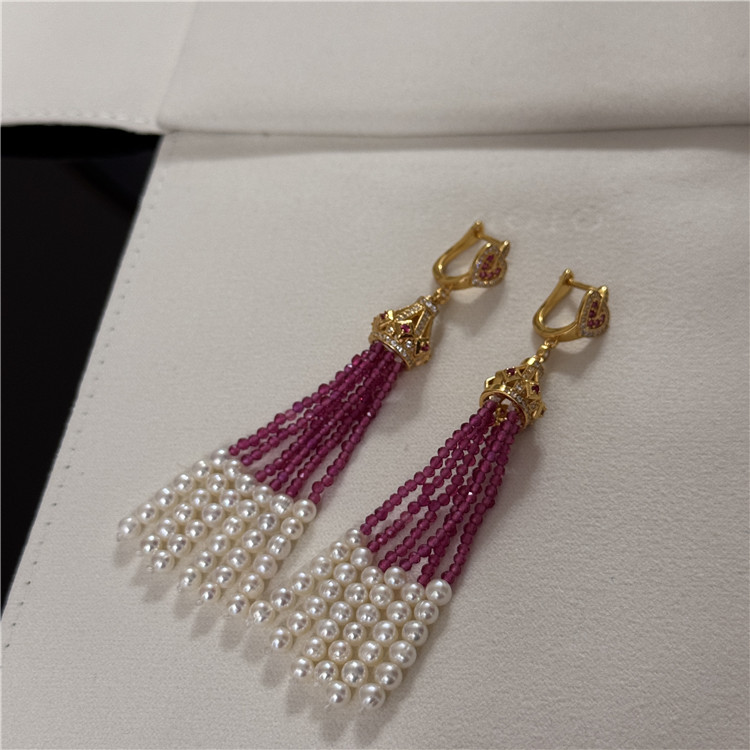 流苏耳环天然珍珠925纯银镀金女