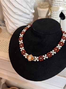 红玛瑙珍珠手工花朵百搭锁骨链女