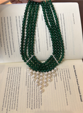 绿玉髓淡水珍珠多层流苏锁骨链女