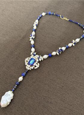青金石毛衣链女蓝色首饰个性轻奢