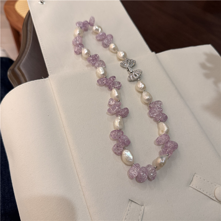 天然巴洛克珍珠锁骨链紫色爆花石