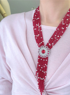 枚红色多层豪华轻奢毛衣链流苏女