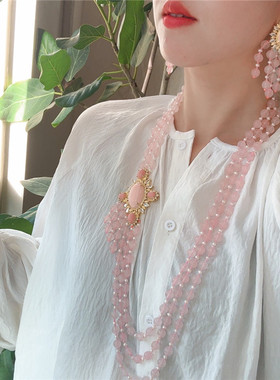 天然粉晶石镶嵌珍珠项链耳环套装