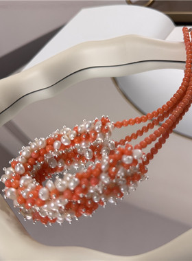 橘色设计款项链手工编织珍珠首饰