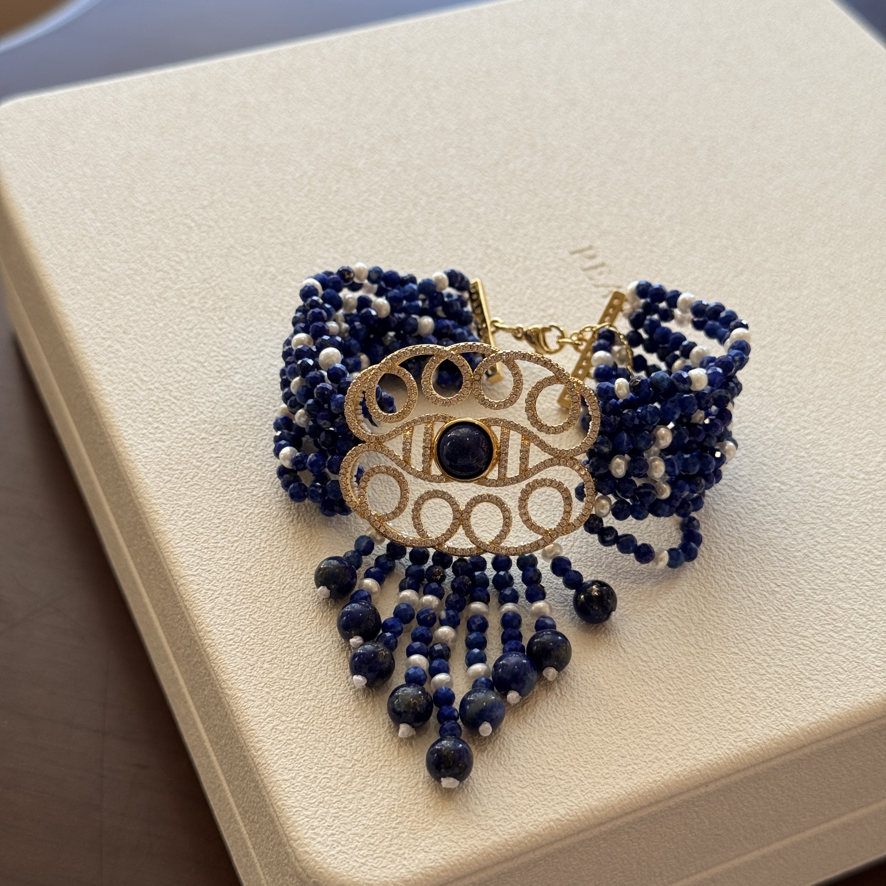 复古天然青金石镶嵌珍珠手链手饰