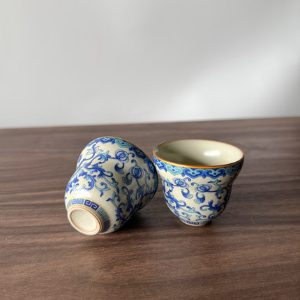 青花汝窑葫芦茶杯家用陶瓷品茗杯开片可养主人杯个人喝茶杯小茶盏
