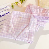 春秋薄款 长袖 长裤 清新格子纯棉睡衣女款 双层纱布家居服套装 可外穿