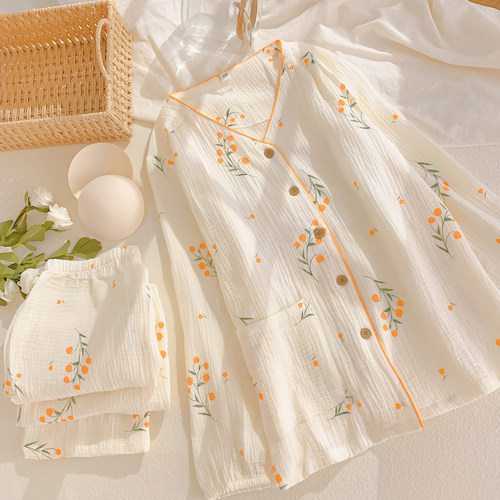 带胸垫棉纱布睡衣女春秋长袖套装