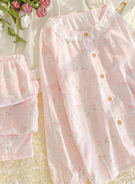 圆领纯棉纱布睡衣女款春秋长袖长裤可外穿小碎花甜美家居服套装夏