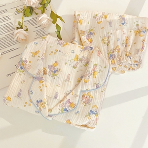 婴儿棉纱睡衣女款纯棉学生宿舍可外穿家居服夏天短袖短裤ins套装