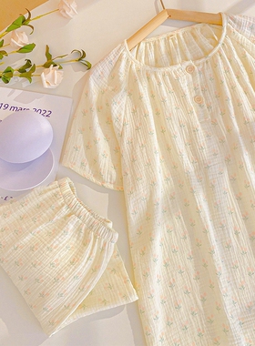 带胸垫纯棉纱布睡衣女款夏季薄款家居服短袖长裤小碎花套装可外穿