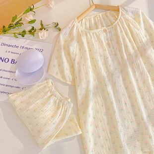 带胸垫纯棉纱布睡衣女款夏季薄款家居服短袖长裤小碎花套装可外穿