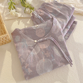 国风睡衣女士套装 春秋季 色织纯棉双层纱布九分袖 新中式 长裤 家居服