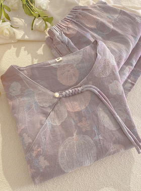 新中式国风睡衣女士套装春秋季色织纯棉双层纱布九分袖长裤家居服