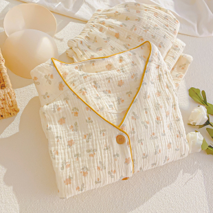 带胸垫睡衣女泡泡棉纱布V领春秋长袖 可外穿防凸点纯棉家居服 套装