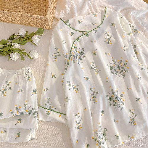 柔软竹棉双层纱睡衣女春夏秋套装