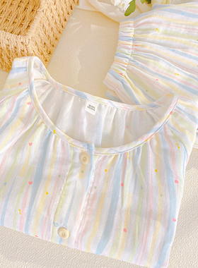 夏季新款纯棉睡衣女薄款透气短袖长裤宽松大码双层纱布家居服套装