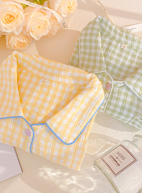 日系格子睡衣女双层纱布春秋季纯棉家居服长袖长裤棉纱宽松两件套