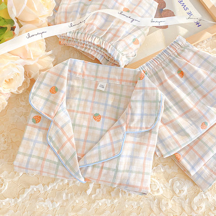 三件套睡衣女纯棉纱布夏款家居服全棉短袖长裤格子草莓甜美可外穿